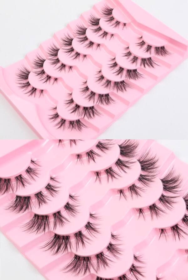 Wholesale 7 Pairs 3D Faux Mink Eyelashes Pack - Natural Long Wispy Lashes - Soft Reusable Clear Band Fake Lashes with Pink Heart Tray