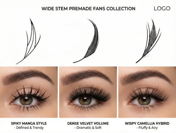 Wholesale Spire Anime Feather Matte Comic PBT Pre-made Fan Lash Extensions Custom Logo Lash Trays.