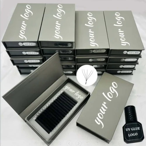 W Premium 5D W Shape Lash Extensions in custom logo grey magnetic box
